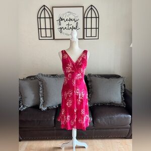 Vintage 90’s Ann Taylor Floral Print Silk Fit And Flare Summer Dress Bright Pink